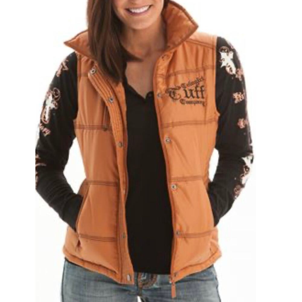 COWGIRL TUFF Co. PUFFER VEST SIP BUTTON DOWN GOLD/BLACK EMBROIDERED SZ S COUNTRY
